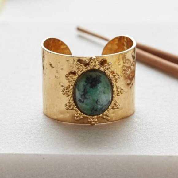 Elegant 18K Gold Plated Adjustable Ring with Moss Agate Stone, Fits 7-8 💍 - Picture 17 of 17